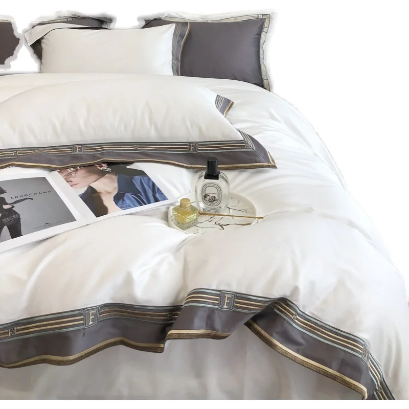 

Fashion Entry Lux Embroidery Egyptian Long Stapled Cotton Bedding Set Simple Bed Sheet Pillowcase Duvet Cover King Queen 4 PCS