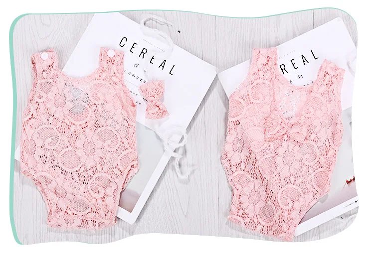 Accesorios de fotograf&iacute;a para reci&eacute;n nacido, Pelele de encaje para beb&eacute;, conjunto de diadema, accesorios de fotograf&iacute;a para beb&eacute; ni&ntilde;a, ropa con lazo, disfraz de Color s&oacute;lido-5