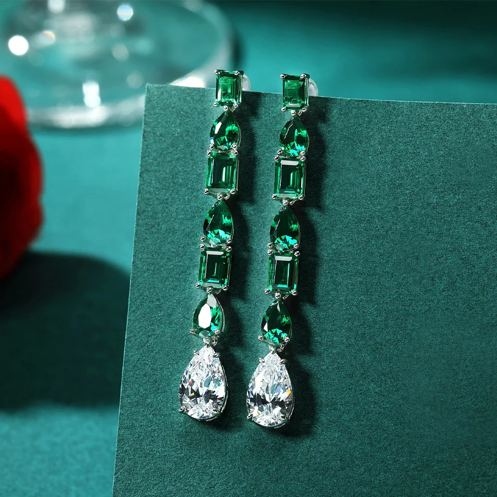 

Luxury Water Drop Simulated Moissanite Diamond Emerald 925 Sterling Silver Long Earrings for Women Wedding Fine Jewelry Gift