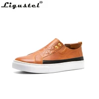 ligustel genuine leather men casual shoes spring autumn casual outdoor flat shoes lace up low top male brown sneakers plus size