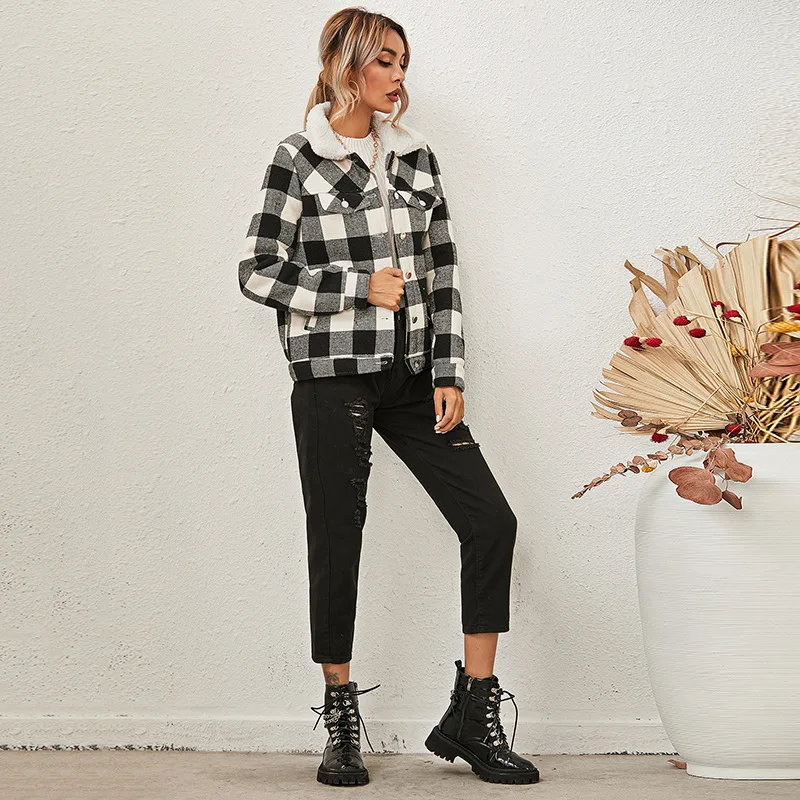 

Original Design 2021 Hot Style Plaid Wool Collar with Plush and Thick Cotton Coat Lady Clothes