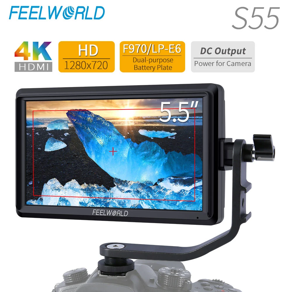 

FEELWORLD S55 5.5 Inch IPS on Camera Field DSLR Monitor Focus Assist 1280x720 Support 4K HDMI Input DC Output Include Tilt Arm