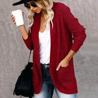 2022 new knitted long sleeved ladies fashion cardigan curved autumn and winter cardigan draped pocket cardigan sweater jackets