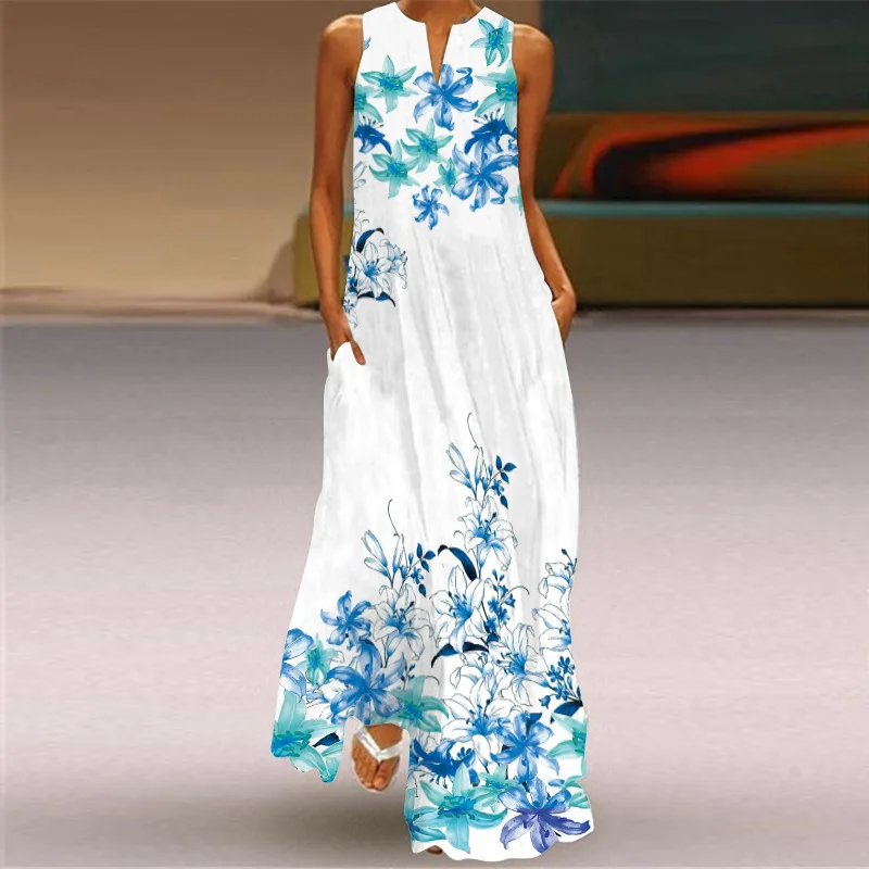 

MOVOKAKA Fashion Vintage Dress Robe 2021 Beach Casual Sundress Maxi Dresses Summer Plus Size Sleeveles Long Dress V Neck Dresses