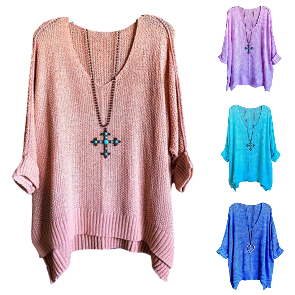 

Autumn Sweaters Women Long Sleeve V-neck Pullovers Solid Color Loose Knittedwear Sweaters Women Clothes Casual Sweaters