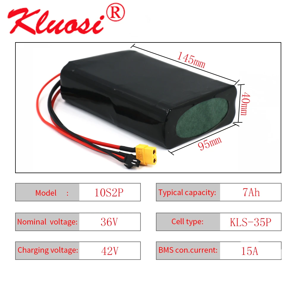 

KLUOSI 10S2P 36V 7Ah 450 Вт 18650 комплект литий-ионный батарей для электрического скутера, скейтборда, электровелосипеда с 15а BMS