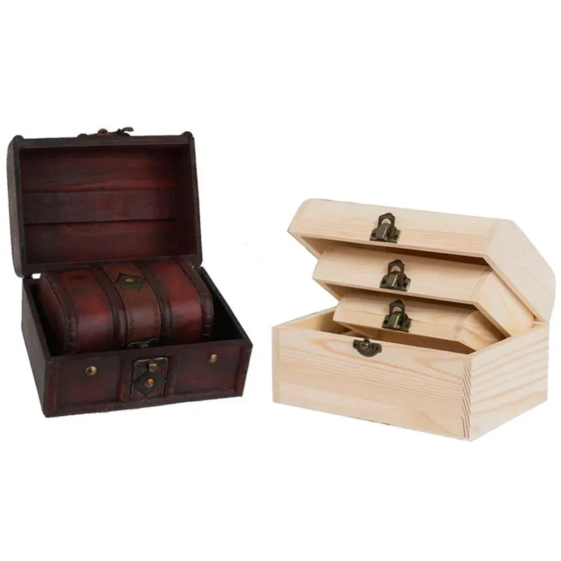 

2Pcs Large and Small Wooden Storage Box Retro Jewelry Box with 3Pcs Unfinished Wooden Chest Jewelry Storage Box Case DIY
