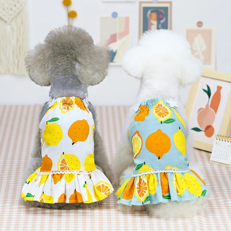 

Pet Cute Fruit Print Skirt Pet Clothing Fruit Lemon Pattern Cute Cotton Soft Puppy Lively Unique Two-legged Sling Dress