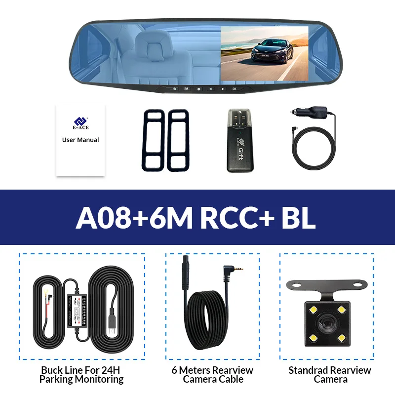 E-ACE Full HD 1080 P Автомобильный видеорегистратор Камера Авто 4.3 дюймов Зеркало заднего вида цифрового видео Регистраторы объектив registrat видеокамера - Название цвета: A08-6M RCC-BL