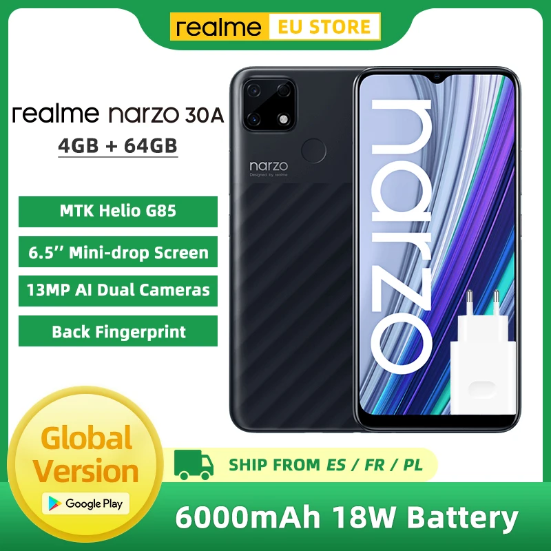 Глобальная версия Realme Narzo 30A смартфон 4GB 64GB Helio G85 6,5 дюймов полноэкранный 13MP AI двойной Камера 6000 мАч 18 Вт Quick Charge
