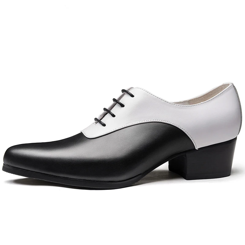 

Mens pointed toe lace up high heels fashion oxford shoes black and white stitching wedding dress shoes height increase man shoe
