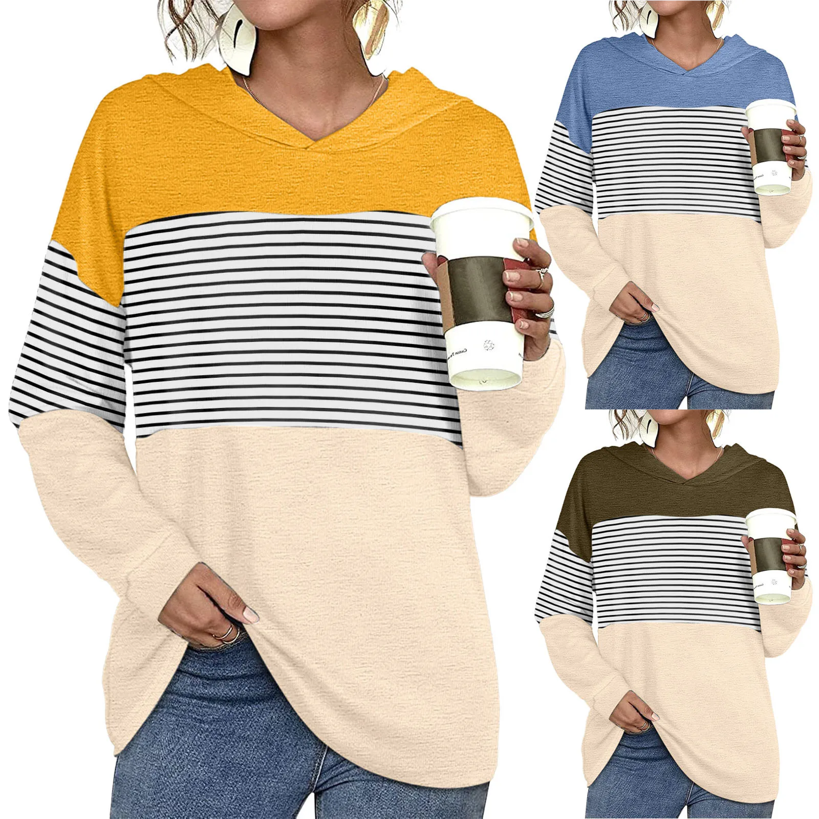 

Women Stitching Printed Long-sleeved Winter Hooded Sweatershirt Top Fashion Striped Lazy Style Hooded Sweater