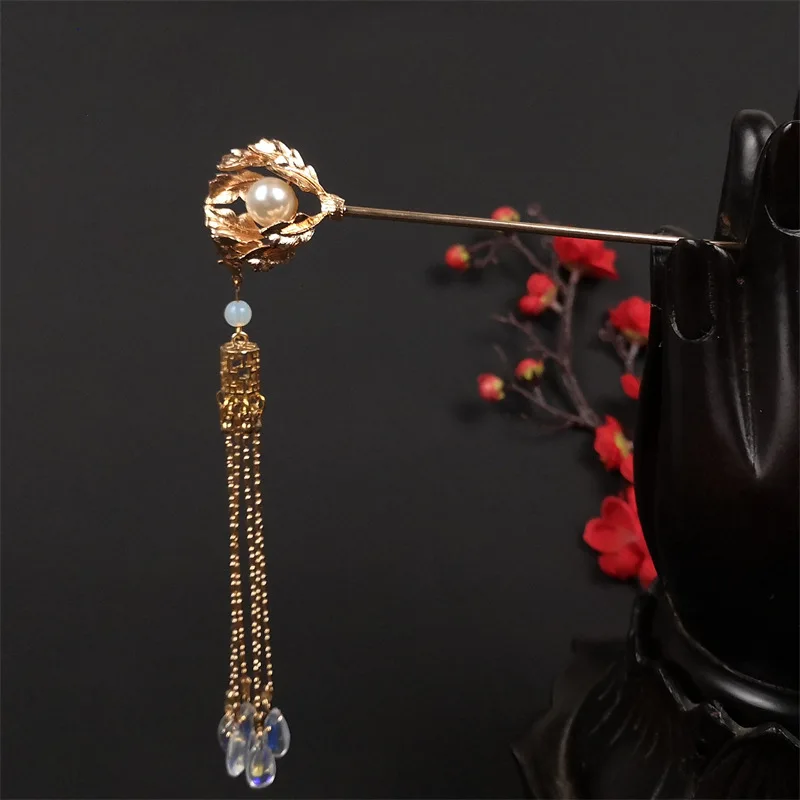 

New Vintage Chinese Hanfu Dress Clothing Hairpins Clips Flower Pearls Long Tassel Step Shake Hair Forks Sticks for Bride