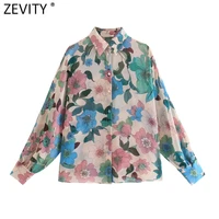 zevity women elegant floral print loose chiffon smock blouse female lantern sleeve casual shirts chic blusas chemise tops ls9758
