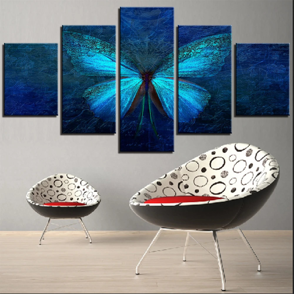 Modern Painting 5 Pieces Combined Insect Ancient Posters Blue Butterfly Canvas Printings Wall Picture for Living Room/Home Decor | Дом и сад