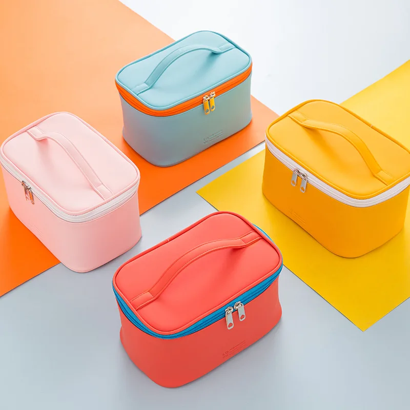 

Large Capacity Makeup Handbag Women Pu Waterproof Storage Cosmetic Bag Wash Multifunction Candy Color Handle Toiletry Bag