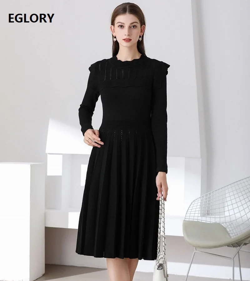 

Женское трикотажное платье-свитер, черное Повседневное трикотажное платье до середины икры с оборками и длинным рукавом в стиле пэчворк, Осень-зима 2020