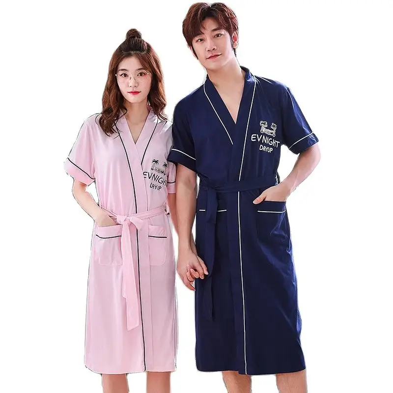 

Халат для мужчин и женщин летние 100% хлопок; Одежда с коротким рукавом, одежда для сна, повседневные свободные размера плюс M-3XL пара домашний халат