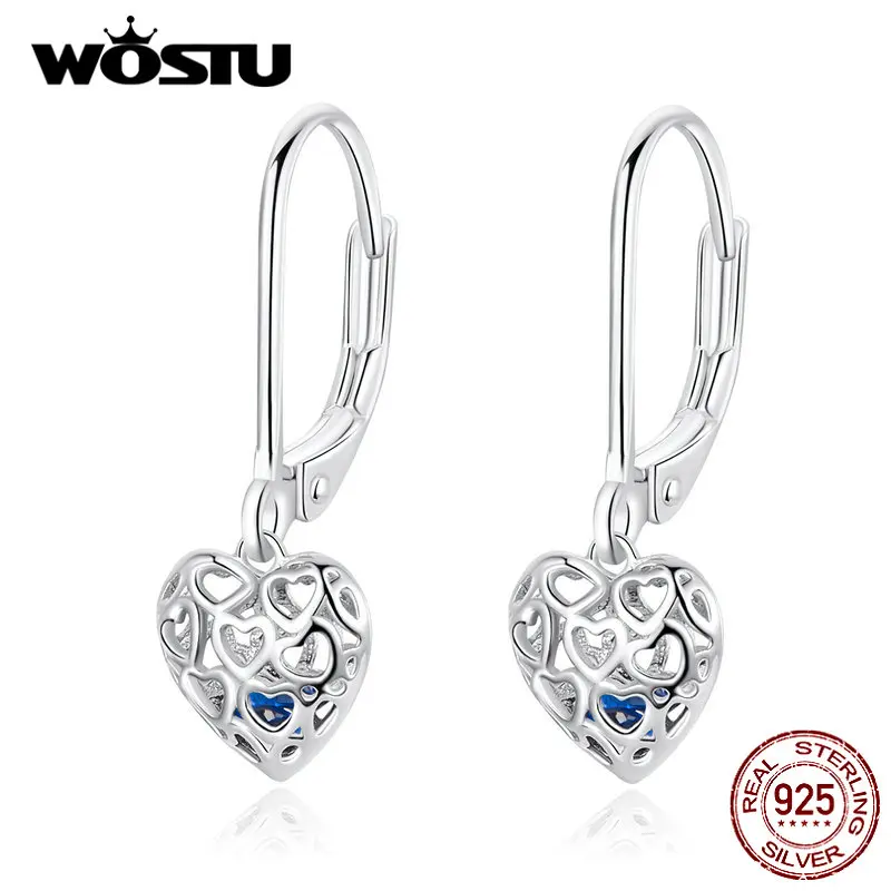WOSTU, ажурные серьги-капли в форме сердца, 925 пробы, серебро, для женщин, Свадебные Роскошные серьги, подлинные ювелирные изделия, подарки FIE746