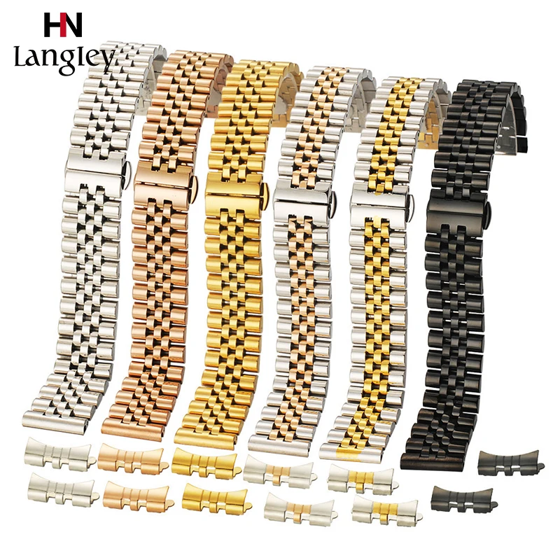 Enlarge Full Stainless Steel Watchband 12mm 13 14 16 17 18 19 20 21 22mm Arc Interface Hollow Wristband Straps Band Bracelet With Pins