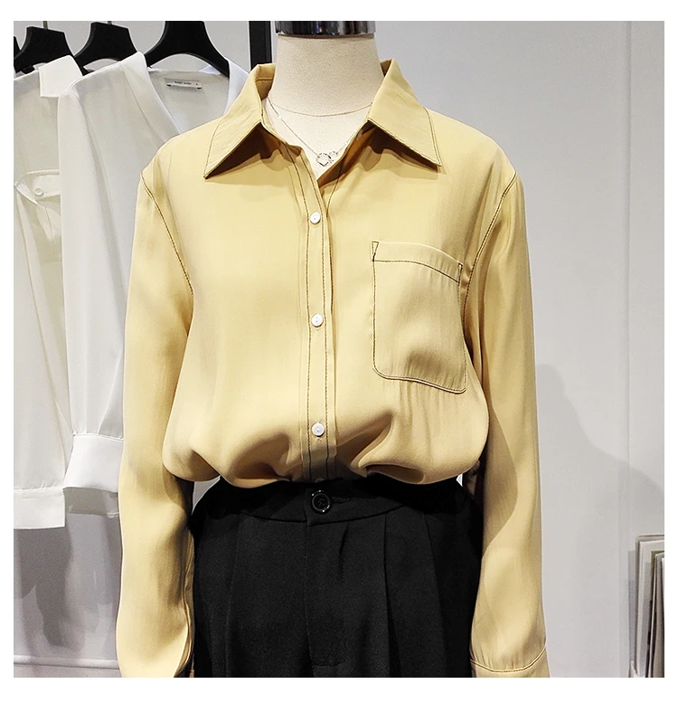 

Women's Spring Summer Runway Fashion Yellow Shirt Female Casual Loose Office Lady Basic Blouse Tees Tops TB1704