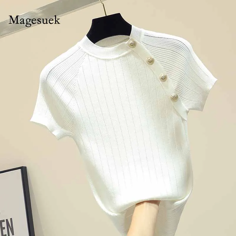 

2021 New Spring Knitted White T-shirt Cotton Summer Women Blouses Tops Buttons Slim Short Sleeve Solid Tshirts Femme Blusas 8783