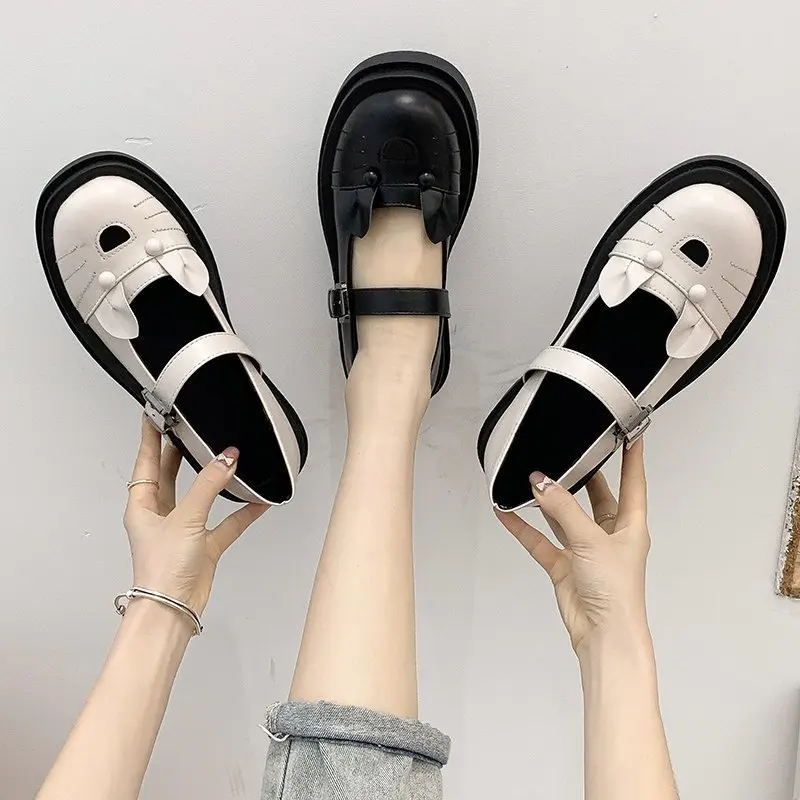 

Thick Mid Heels Mary Janes Shoes Woman Cat Thick Bottom Platform Round Toe Buckle Strap Leather Casual Shoes Plus Size N6-33