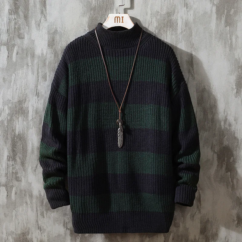 AutumnAnd Winter New Striped Semi High Neck Mens Wool Sweaters Sweater Men's Leisure KnittedTurtleneck Woolen ForCotton Pullover