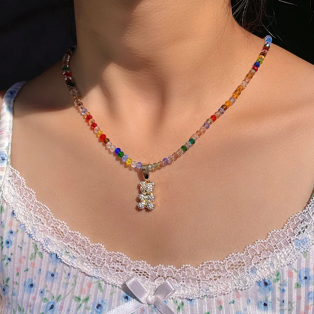 

Colorful Transparent Crystal Beads Metal Bear Pendant Necklace For Women Girls Cute Bear Handmade Beaded Necklace Trendy Jewelry
