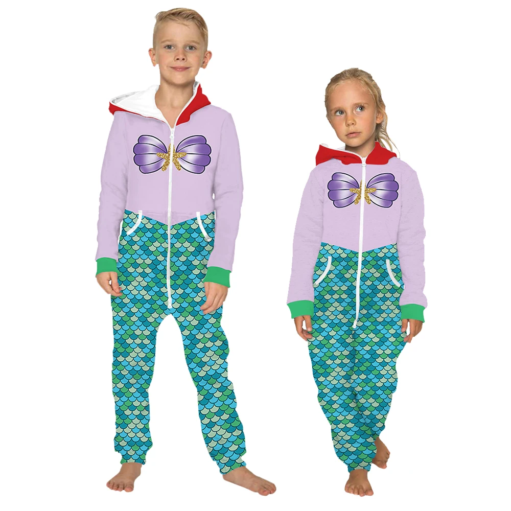 

Kid Mermaid Printed Loungewear Pajamas Unisex Loose Hooded Zipper Open Sleepwear Onesies for Girl Thick Jumpsuits