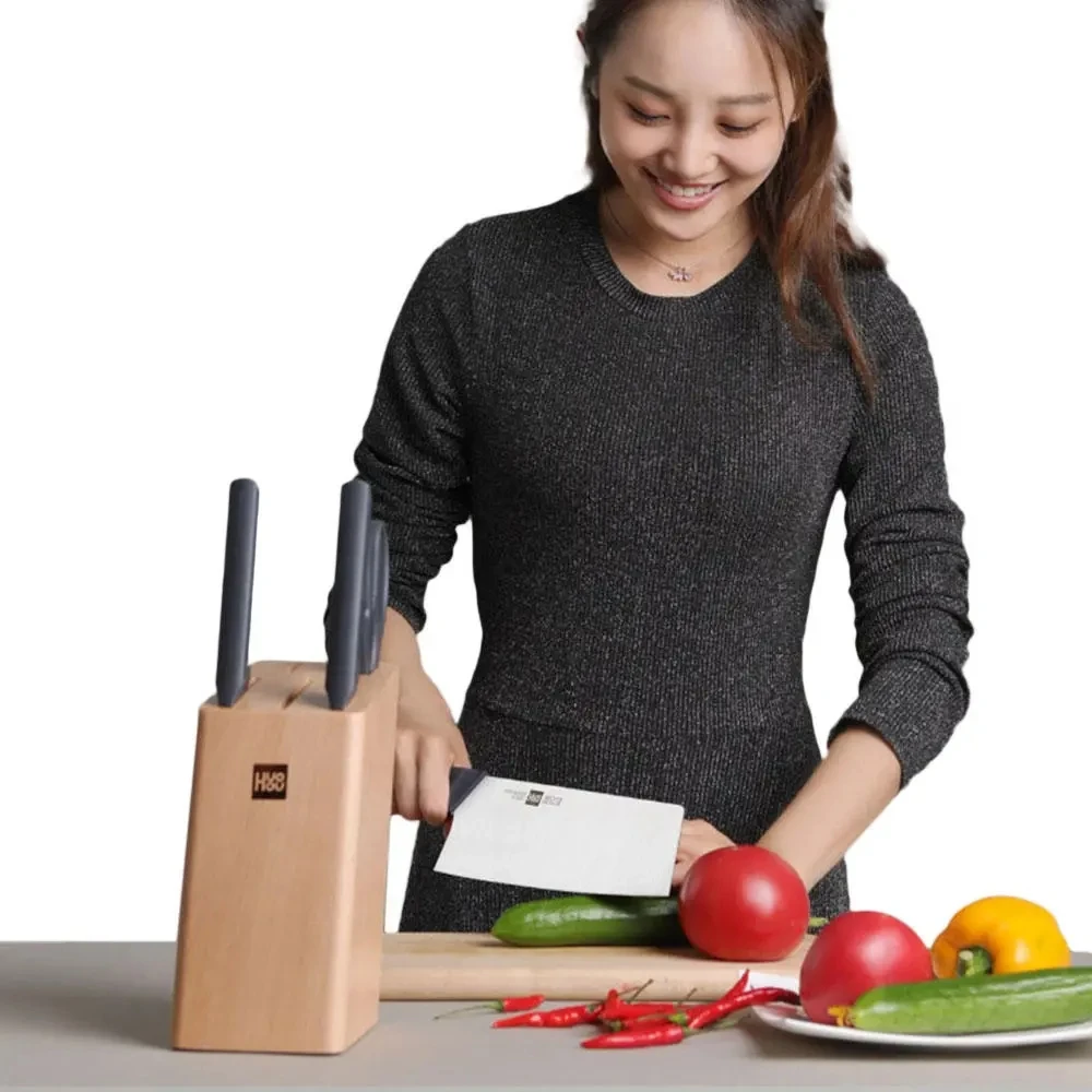 HUOHOU Stainless Steel Kitchen Knife Set 6pcs with Cutter Holder Chopping Slicing Tool Fruit Scissor | Электроника
