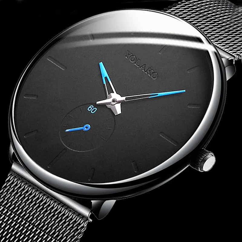 Фото Мужские деловые часы креативные ультратонкие кварцевые синего цвета с сетчатым