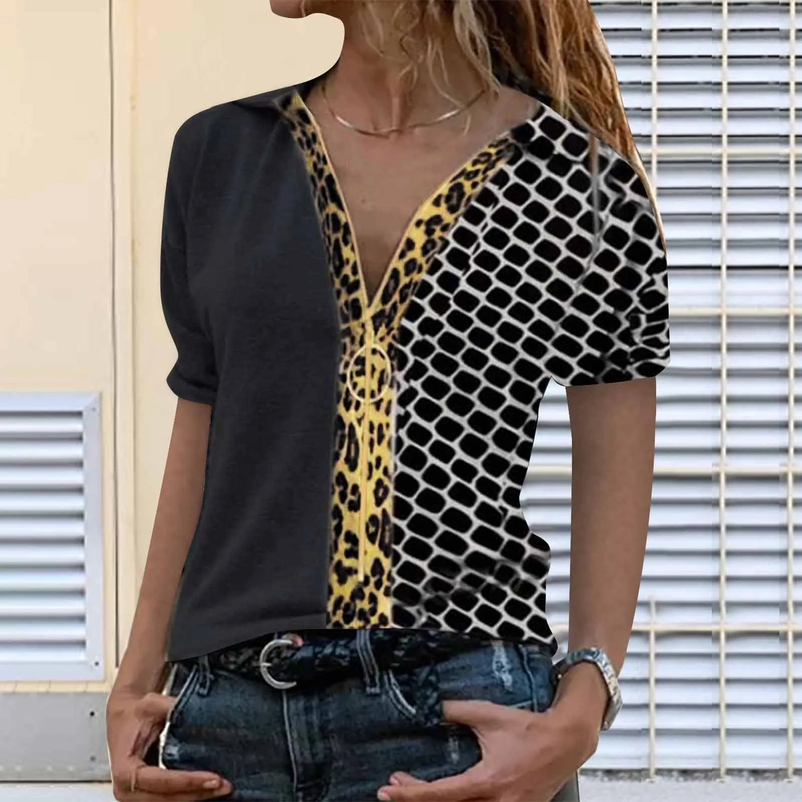 

Summer Top Women Short Sleeve Blouse Leoaprd Print Zipper Top Splicing Blouse Blusas Feminina Verao 2021 Camisas