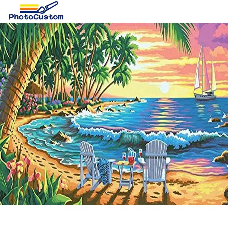 

PhotoCustom beach Landscape Oil Painting By Number Kits DIY Drawing On Canvas HandPainted Coloring By Numbers Sea Home Decoratio
