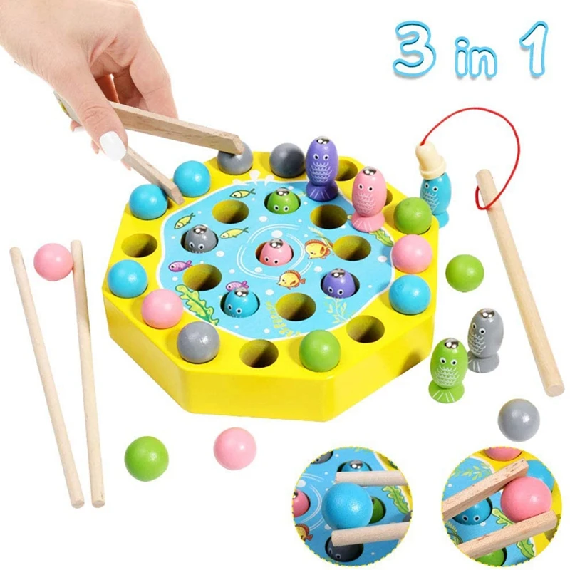 

Wooden Magnetic Fishing Toy with Pole Clip Chopsticks Educational Party Play Game for Kids