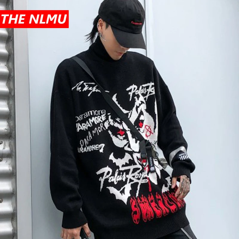 Harajuku вязаные свитера с высоким воротом для мужчин и женщин хип хоп клоун печати