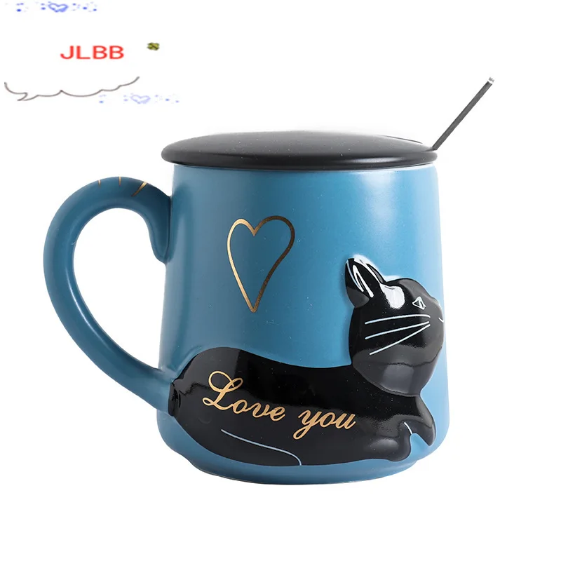 

3D Relief Cat Coffee Mug with Lid and Spoon Love Kitty Ceramic Water Tea Cup Wedding Gift Blue and Black 400ml