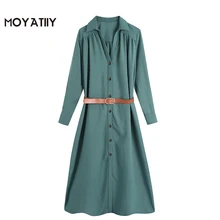 MOYATIIY Women 2022 Fashion with Belt Green Shirt Dress Vintage Office Ladies Long Sleeve Dresses Long Sleeve Femmale Vestidos (2)