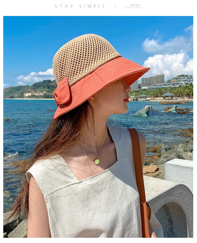 

2021 Newest Summer Sun Hat Women Outdoor Sunscreen Beach anti-UV fisherman hat student bow foldable straw hat Woman Hollow Hats
