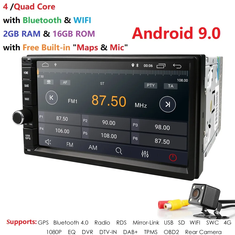 Четырехъядерный Android 9,0 2G ram 16G rom поддержка 4G wifi сетевой Автомобильный gps 2 din универсальный автомобильный без DVD радио плеер 1080P DVR DAB+ TPMS