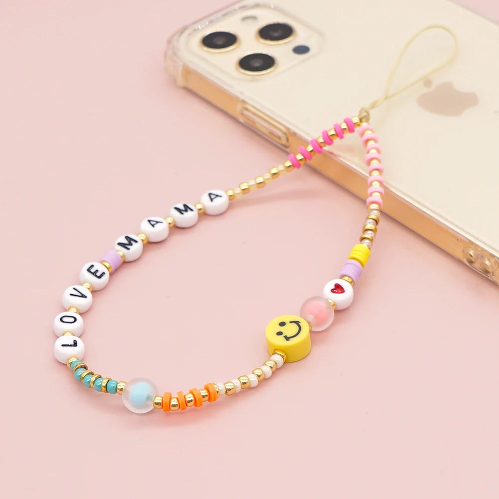 

New Beaded Chain For Phone Case Smiley Face Charm Pearl Phone Chains Women Telephone Jewelry Letter Mobile Strap Lanyard