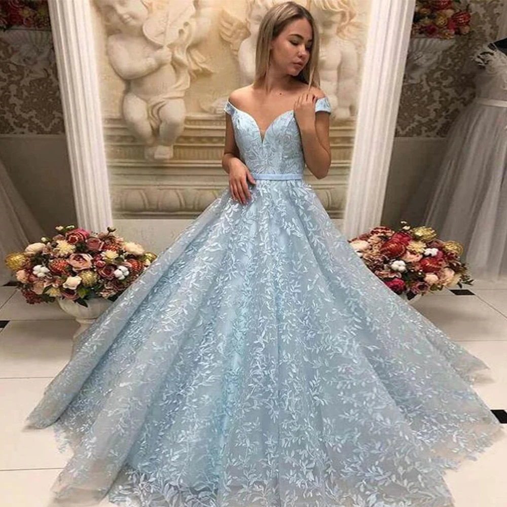 

Light Blue Evening Dresses Long Luxury 2021 New V-neck Applique Tulle ELegant Off Shoulder Pown Gowns robe de soire de mariage