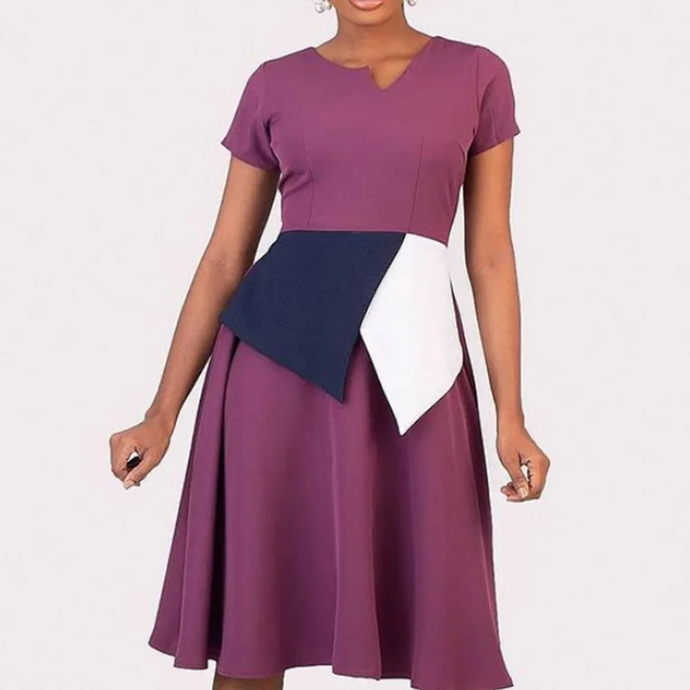 

V-neck Short-sleeved Women High Waist Plus Size Slim Fit Contrast Color Women Ruffled Casual Dress Sexy Female Women Dresses