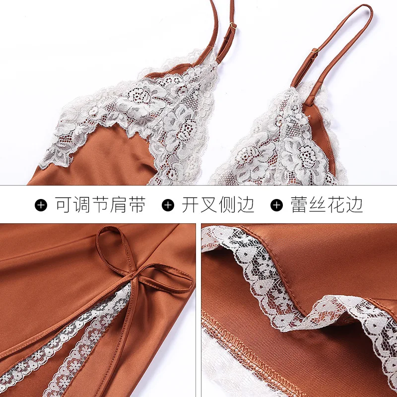 

High Quality Lace Sexy Nightdress Spaghetti Strap Blackless Split Lingerie Fashion Pijama For Women