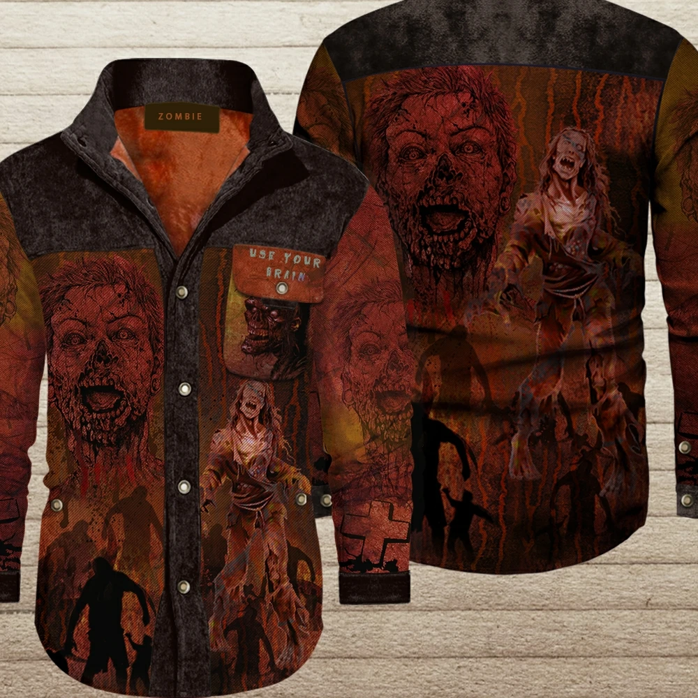 

Men's Casual Fashion 3D Printed Zombies Use Your Brain To Map Custom Plus Velvet Bomber Jacket Wool Coat