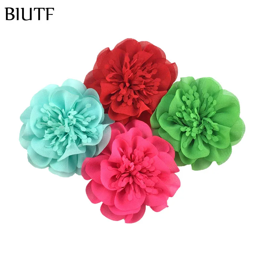 5 шт./лот 3 6 дюйма Шифоновый Цветок с тычканью 9 см яркие цвета головной убор