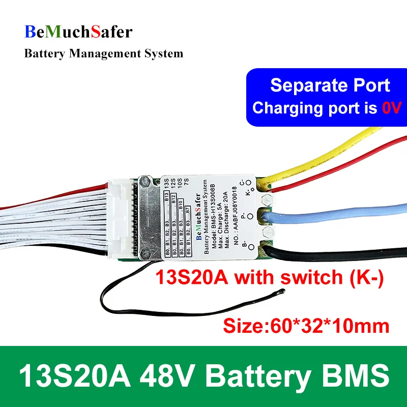 BeMuchSafer 13S20A 48V BMS Separate Port 18650 3.6V 13S 20A 46.8V BMS with Switch for E-Bike E-Scooter Energy Storage Battery