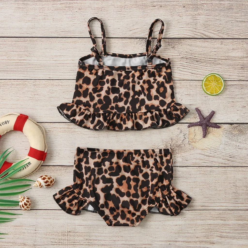 Летний купальный костюм с леопардовым принтом и оборками для маленьких девочек
