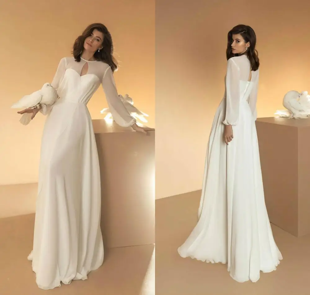 

2020 Boho Wedding Dresses With Jacket Chiffon Long Sleeves Wedding Dress A Line Custom Made Plus Size Vestidos De Novia