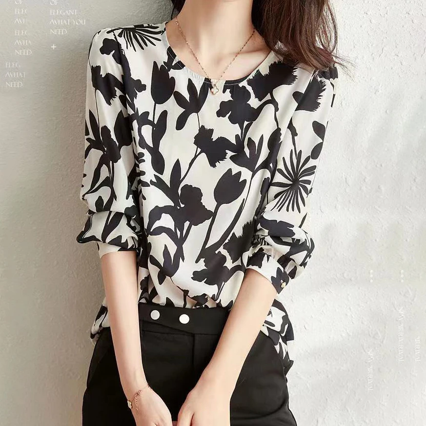 Colored satin shirt 2021 spring new style puff sleeve shirt long sleeve lady blouse  women-blouses  Silk  Print  Casual